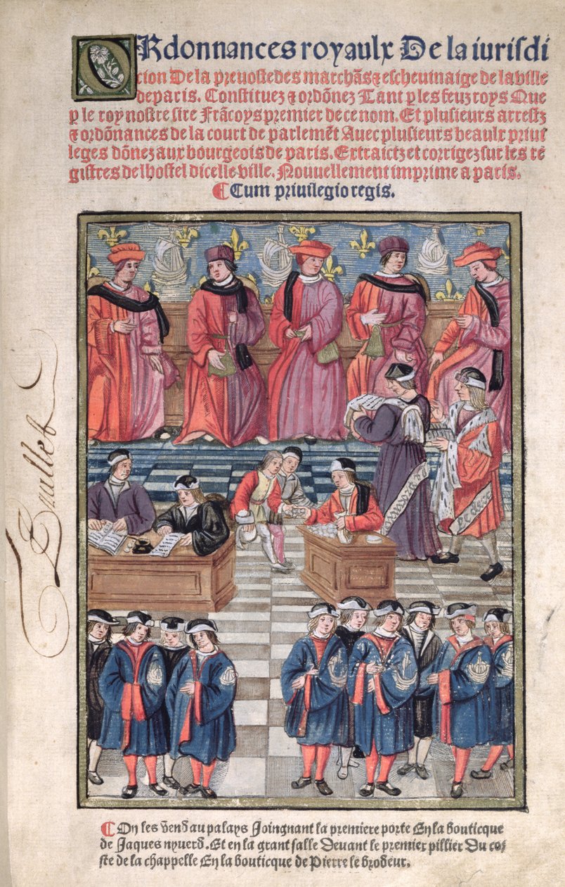 Pariisin kauppiaiden ja kapteenien praosti, veronkeräyskohtaus, otsikkosivu teoksesta "Ordonnances Royaux de la Juridiction de la Prevote des Marchands et Echevinage de la Ville de Paris", 1501, uusi toim. tekijältä Antoine Verard