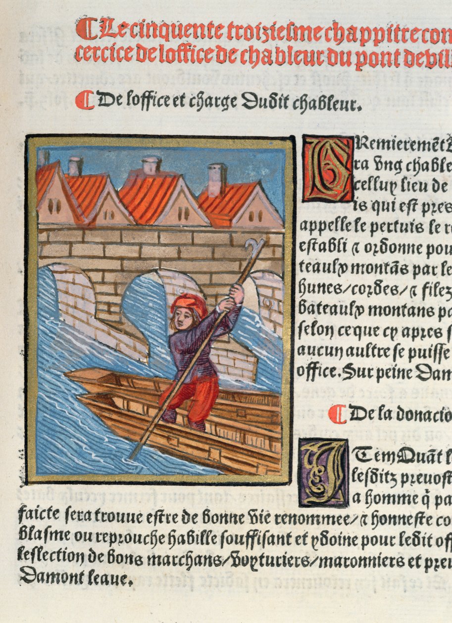 Chableur", teoksesta "Ordonnances Royaux de la Juridiction de la Prevote des Marchands de la Ville de Paris", 1528 (wc ja guassi paperille). tekijältä Antoine Verard