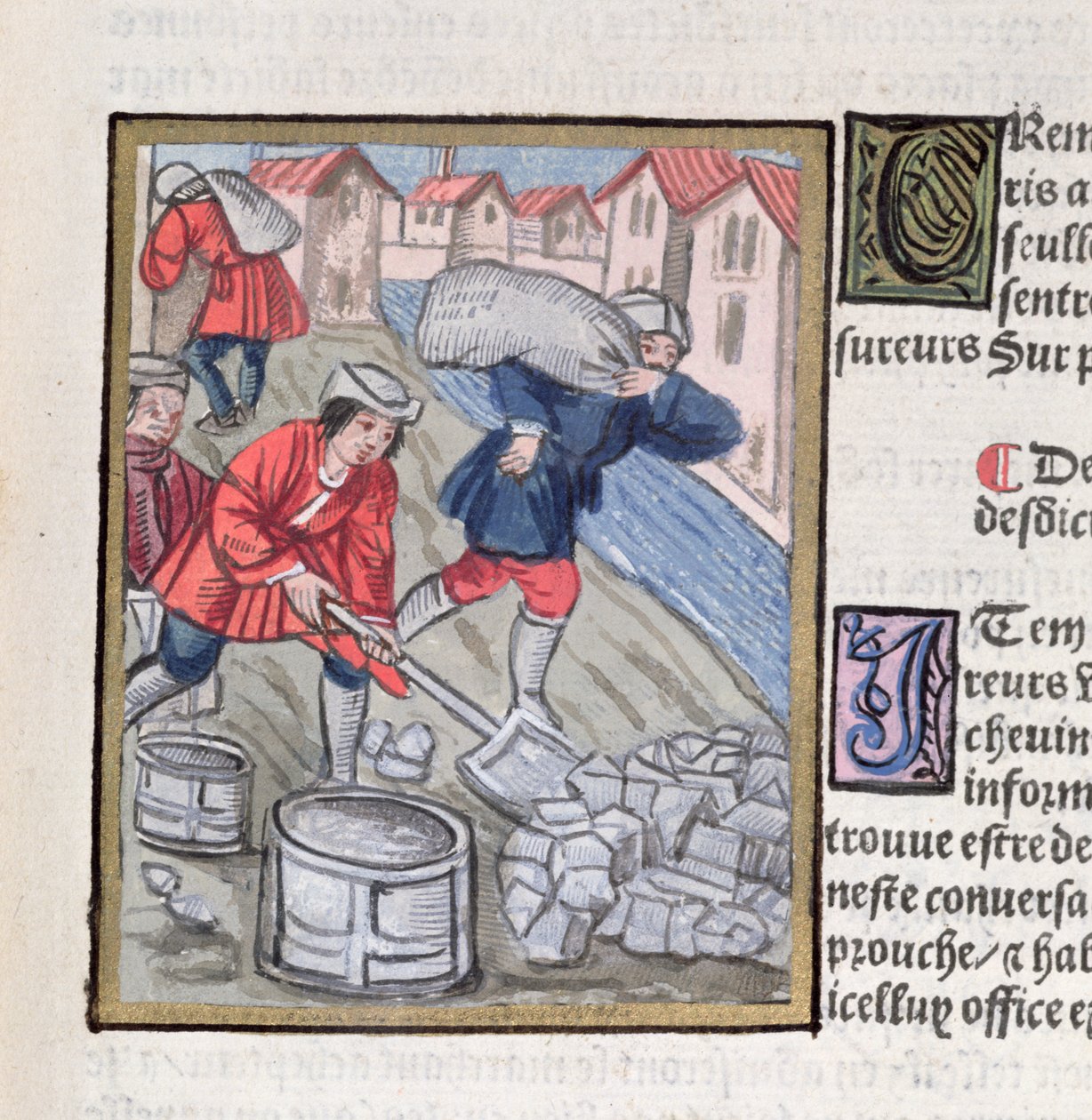 Hiilen mittaus ja kuljetus, "Ordonnances Royaux de la Juridiction de la Prevote des Marchands de la Ville de Paris", 1528 (wc und gouache paperilla) tekijältä Antoine Verard
