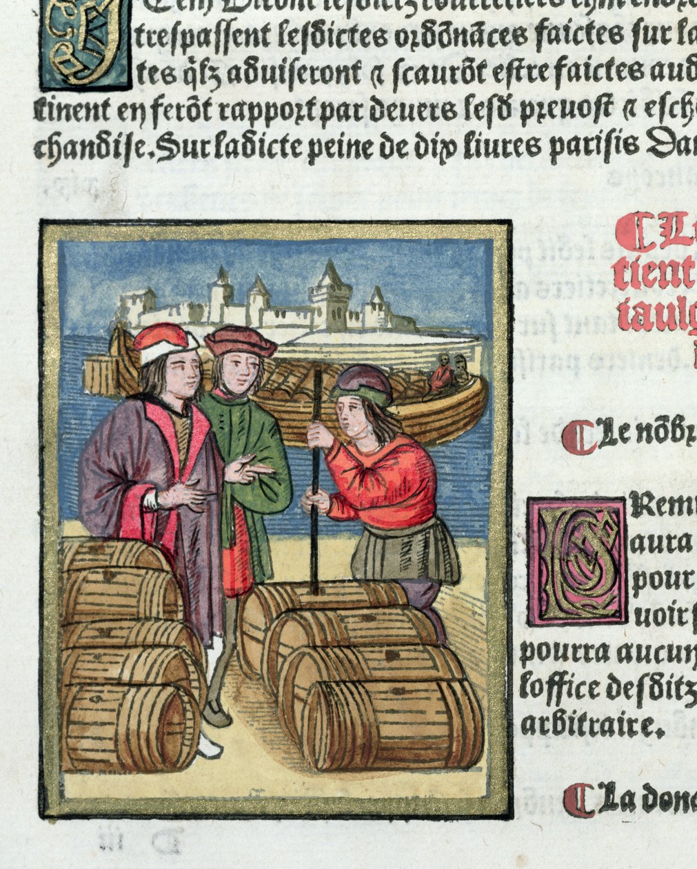 Viinin mitta ja kuljetus, "Ordonnances Royaux de la Juridiction de la Prevote des Marchands de la Ville de Paris", 1528 (wc ja guassi paperilla) tekijältä Antoine Verard
