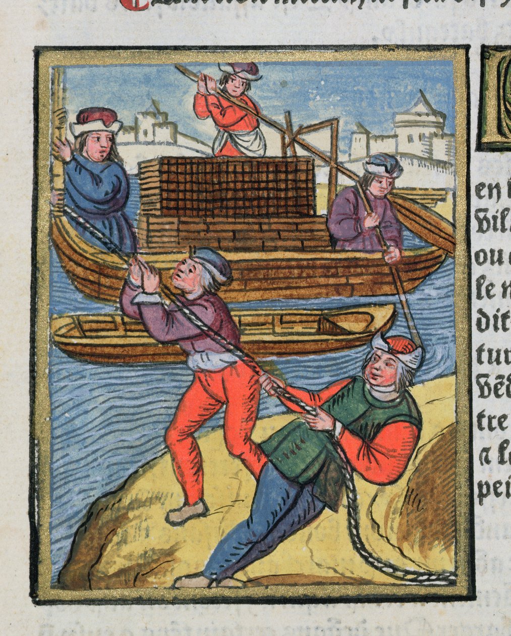 Puunkuljetus Seine-joella, "Ordonnances Royaux de la Juridiction de la Prevote des Marchands de la Ville de Paris", 1528 (wc ja guassi paperilla) tekijältä Antoine Verard