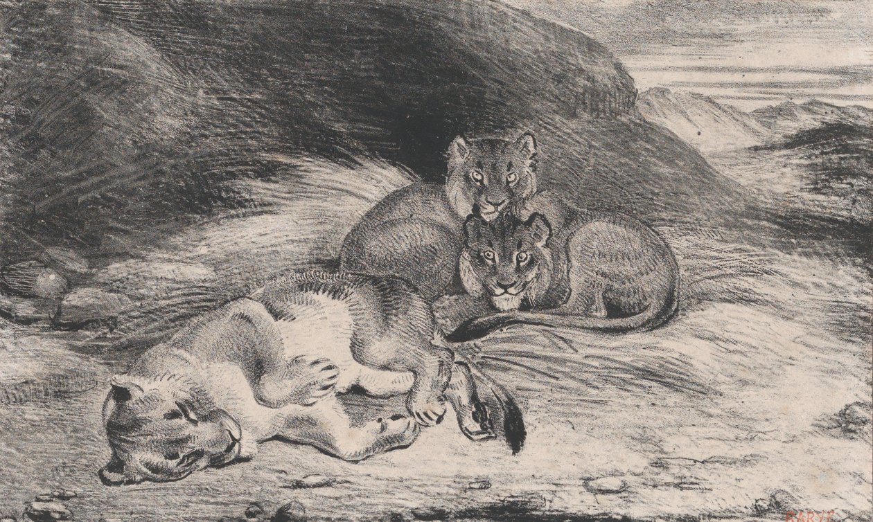 Leijona ja pennut, mahdollisesti 1832. tekijältä Antoine Louis Barye