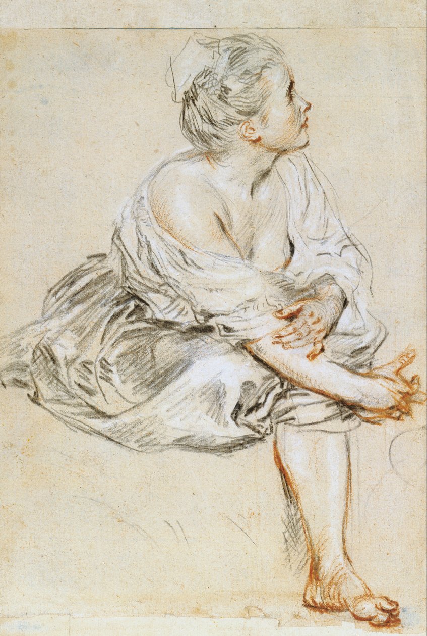 Istuva nuori nainen tekijältä Antoine Watteau