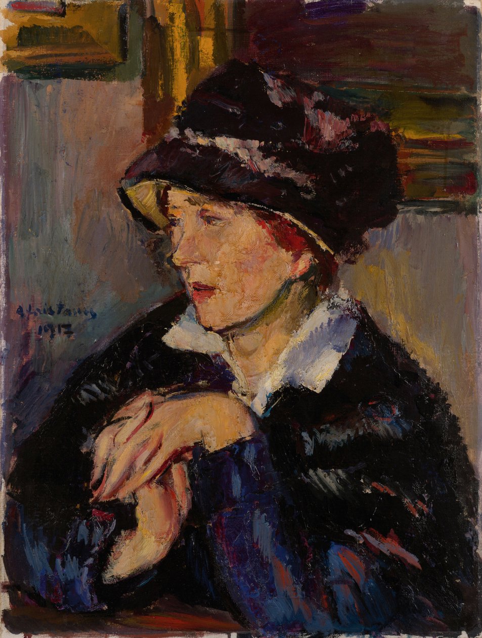 Nainen tummalla hatulla, 1917 tekijältä Anton Faistauer