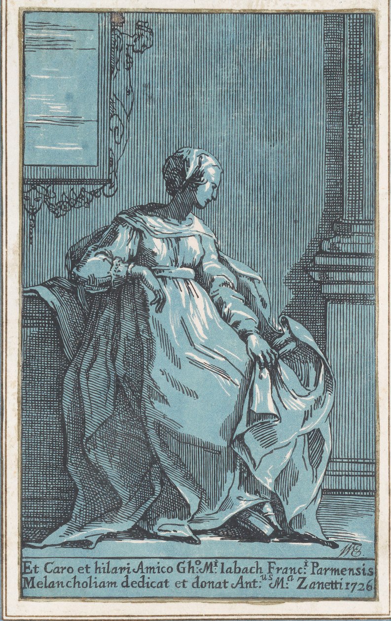 Nainen istuu huoneessa Melankolia, 1726. tekijältä Anton Maria Zanetti