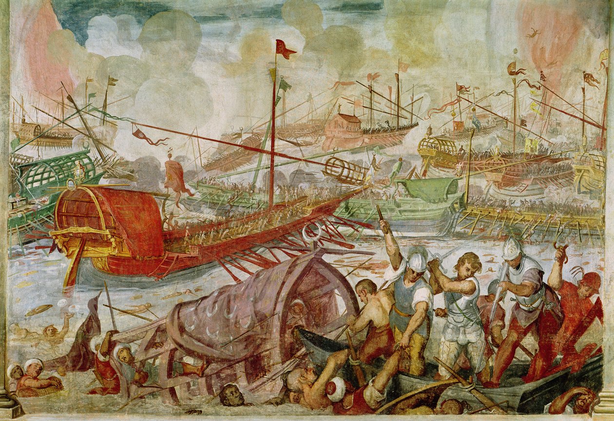 Lepanton taistelu, lokakuu 1571, 1600 (seinämaalaus) tekijältä Antonio Vassilacchi