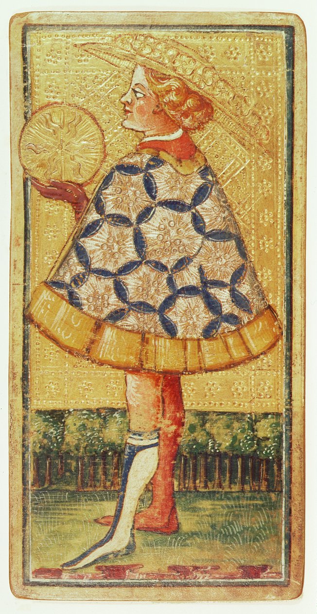 Kolikoiden sivu, tarot-korttipakkauksesta (guassi ja kullattu kortille). tekijältä Antonio Cicognara