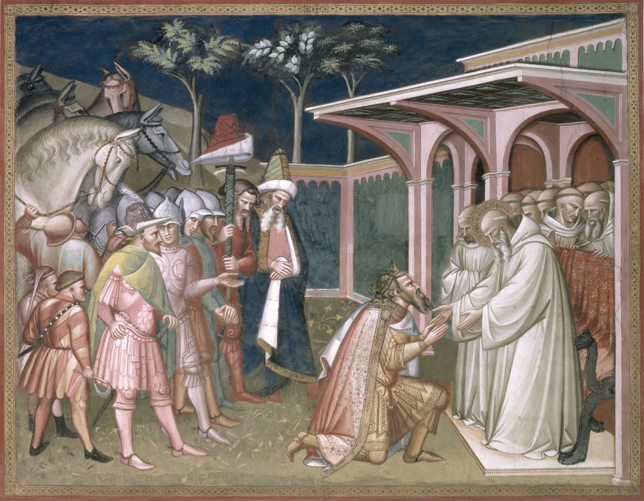 Pyhimys profetoi Totilalle, goottien kuninkaalle, yksityiskohta Pyhän Benedictuksen elämästä (n. 480-c550), sakastissa, 1387. tekijältä Aretino Luca Spinello or Spinelli