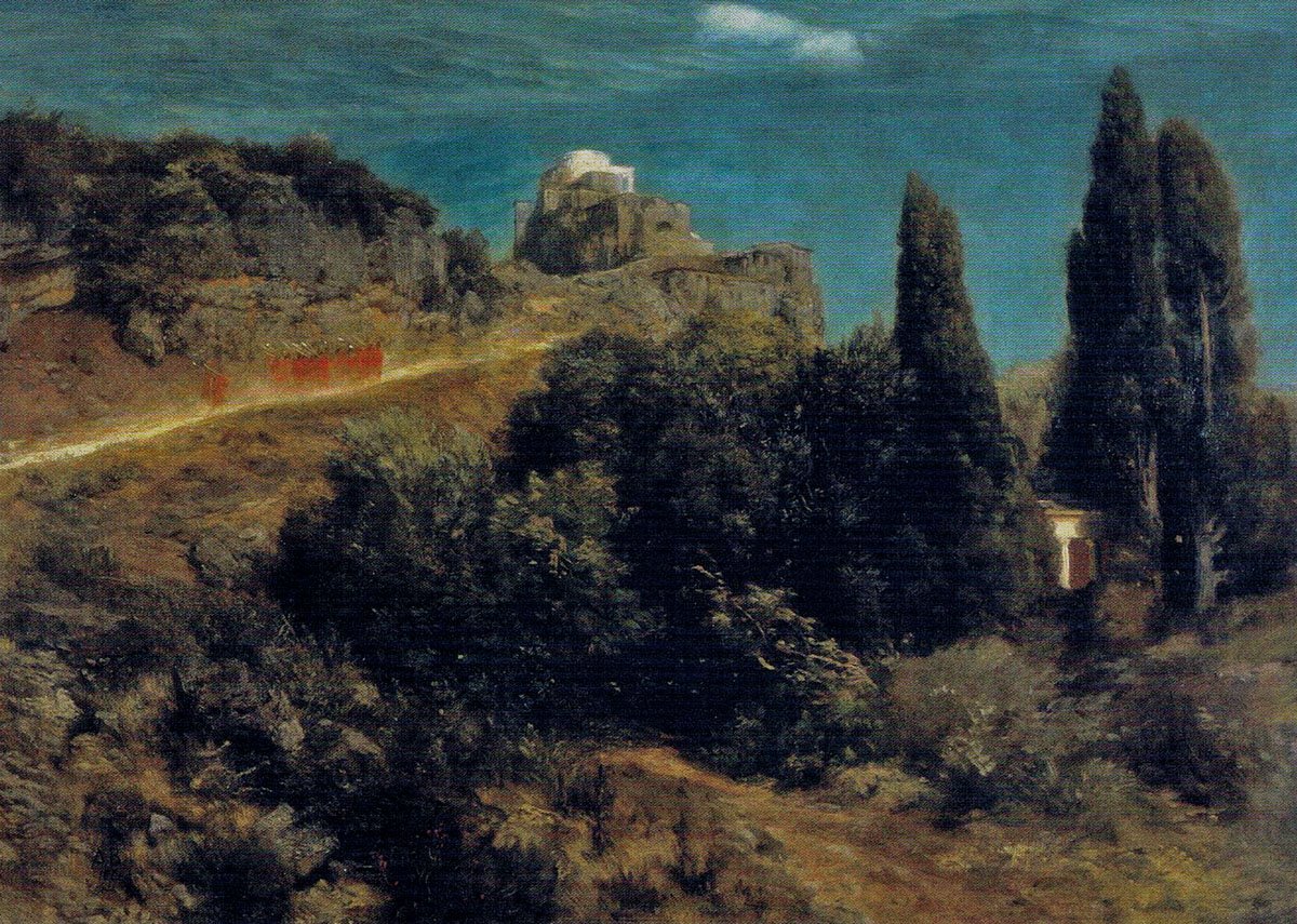 Vuorilinna ja soturikulkue tekijältä Arnold Böcklin