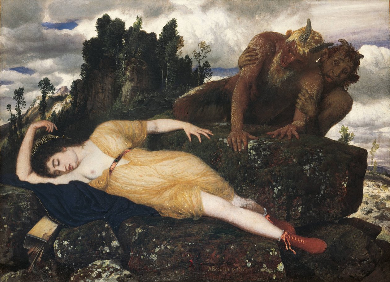 Nukkuva Diana, jota katseli kaksi faunia, 1877 tekijältä Arnold Böcklin