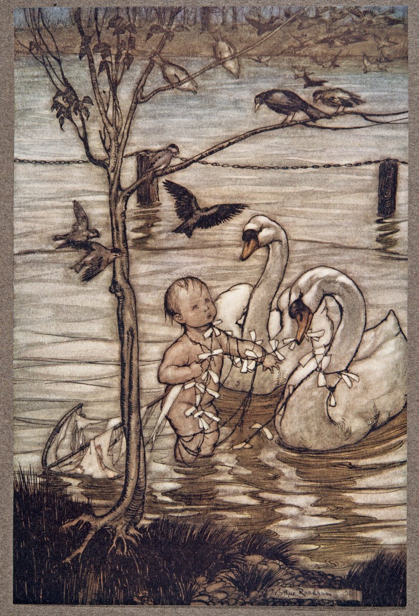 Tämän jälkeen linnut sanoivat, etteivät auta häntä enää hänen hulluissa yrityksissään .., Peter Panin Kensington Gardensista kirjoittanut J M Barrie (1860 - 1937), pub. 1906 tekijältä Arthur Rackham