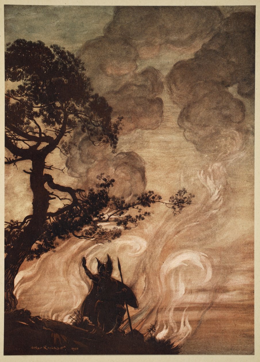 Kun hän siirtyy hitaasti pois, Wotan kääntyy ja katsoo murheellisesti takaisin Brunnhildeen, kuvituksen teoksesta "The Rhinegold and the Valkyrie", 1910. tekijältä Arthur Rackham