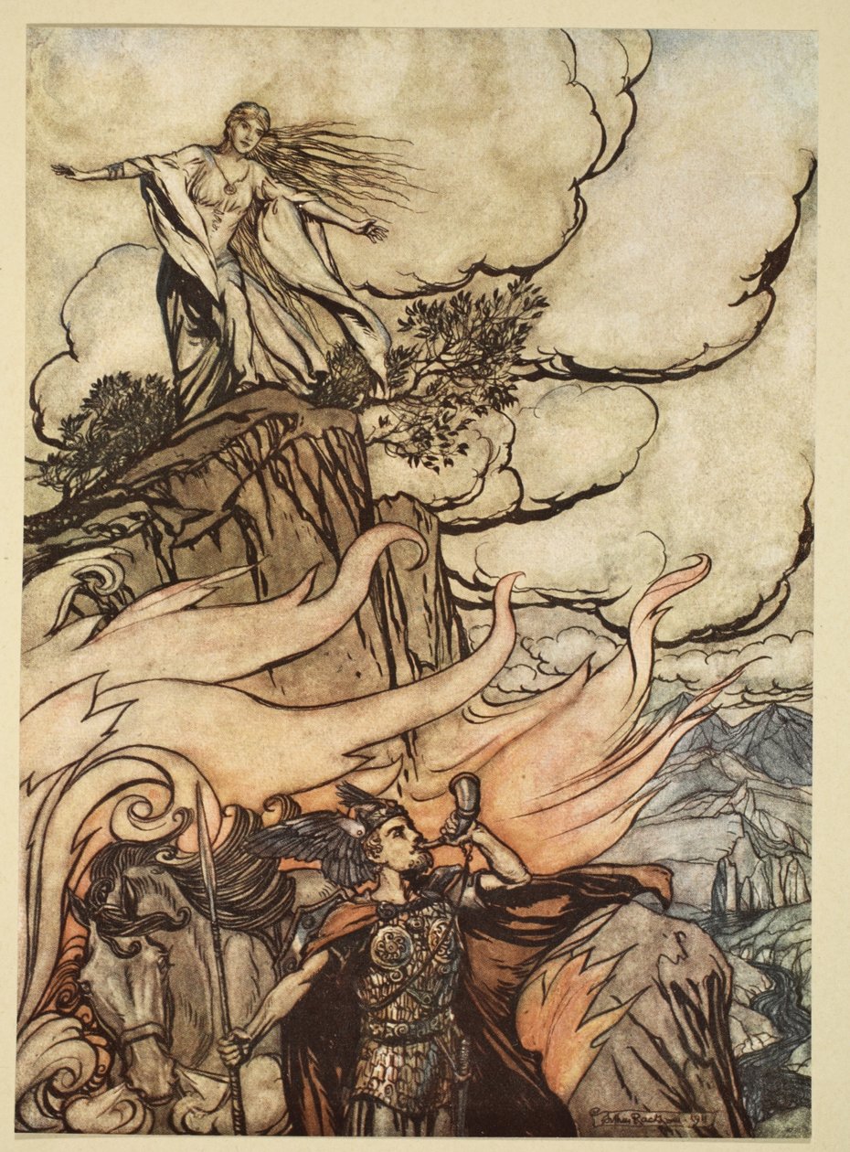 Siegfried jättää Brunnhilden etsimään seikkailua, kuvitus elokuvasta "Siegfried and the Twilight of the Gods", 1924 tekijältä Arthur Rackham
