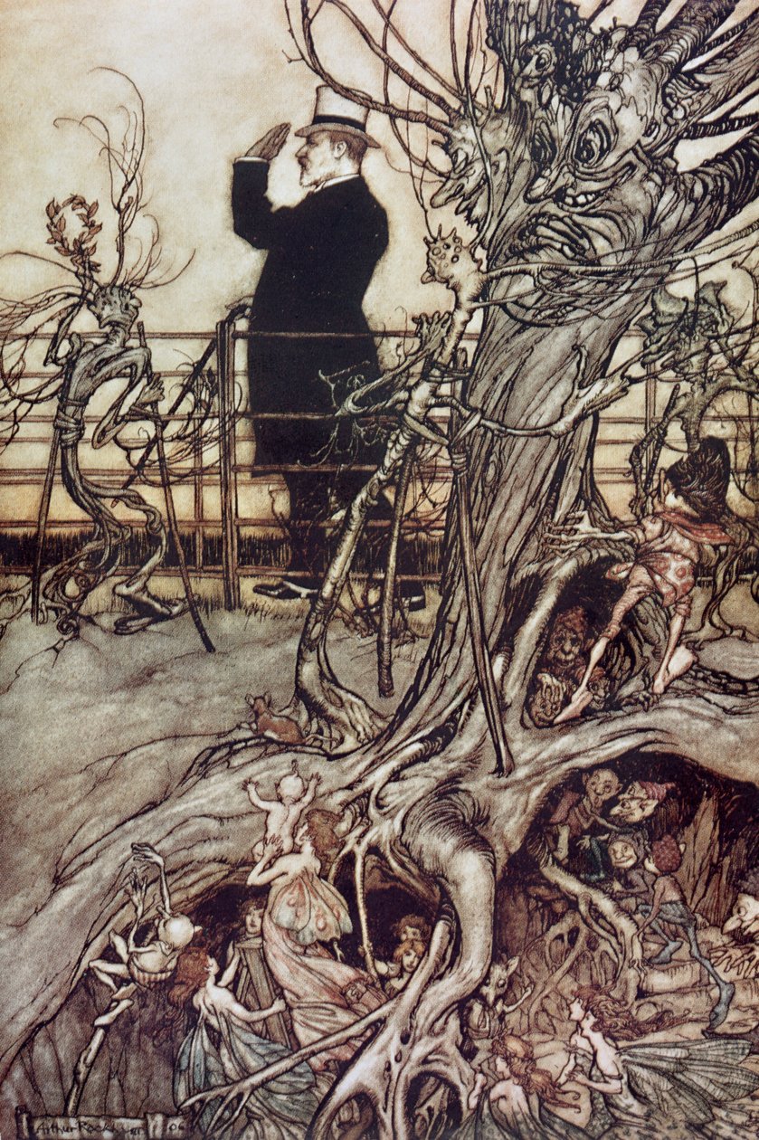 Kensington Gardens on Lontoossa, jossa kuningas asuu J. M. Barrien teoksesta "Peter Pan in Kensington Gardens", 1906 tekijältä Arthur Rackham