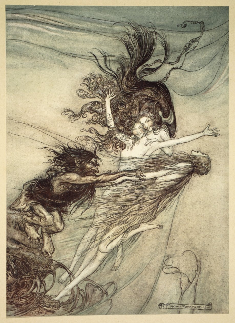 Reineitit kiusaamassa Alberichia, kuvitus teoksesta The Rhinegold and the Valkyrie, 1910 tekijältä Arthur Rackham