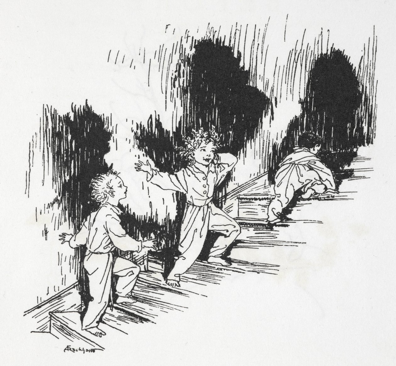 Lapset hiipivät portaissa yöllä tekijältä Arthur Rackham
