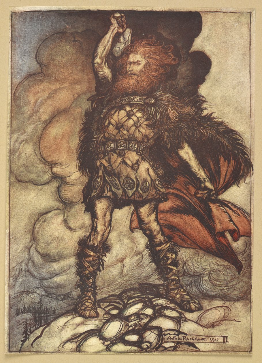 Thor nostaa vasaransa. tekijältä Arthur Rackham