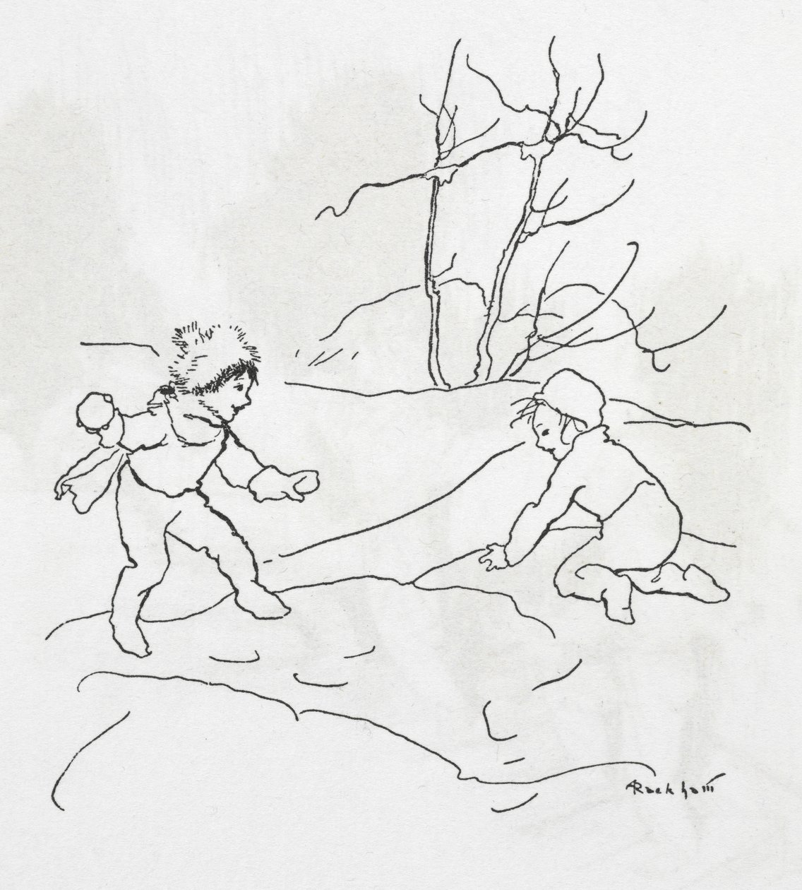 Kaksi lasta lumipallosotaa tekijältä Arthur Rackham