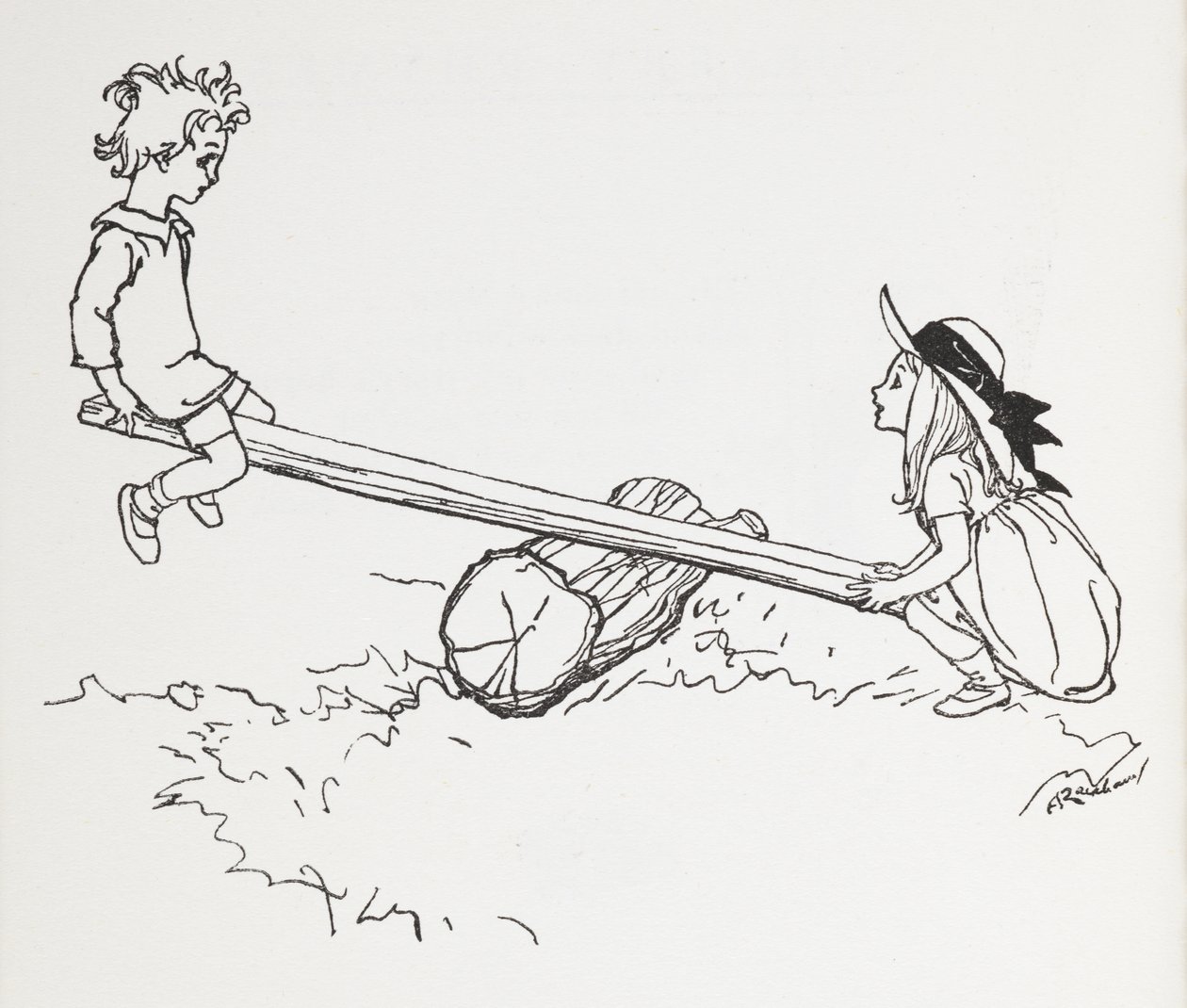 Kaksi lasta nähdä sahalla. tekijältä Arthur Rackham