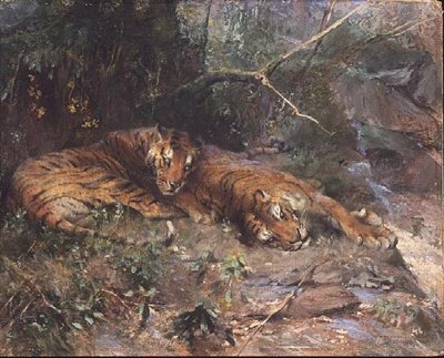 Tiikerit lepäämässä puron rannalla tekijältä Arthur Wardle
