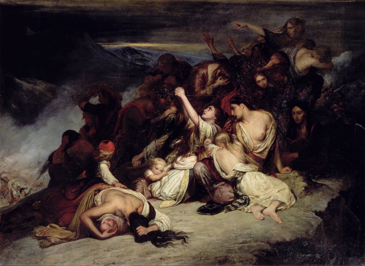 Epätoivoiset Rumilin naiset näkivät miehensä voittavan Ali Pashan, "Janinan leijonan" joukkojen, heittäytyvän kiviltä vuonna 1803. tekijältä Ary Scheffer