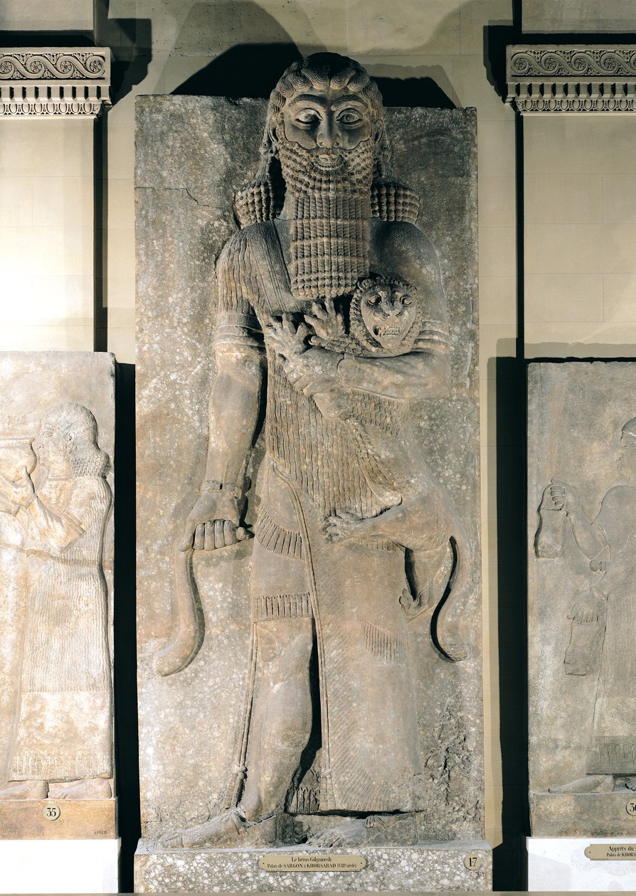 Sankari Gilgamesh kädessään vangitsemaansa leijonaa, kivirelief Sargon II:n palatsista Khorsabadissa (Irak), n. 725 eKr. (kipsi) tekijältä Assyrian School