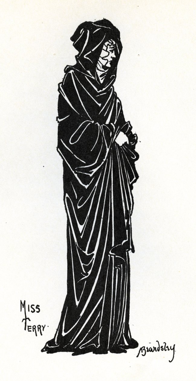 Ellen Terry Rosamund de Cliffordina näytelmässä Lyceum Theatressa Lontoossa Tennysonin runodraamasta "Becket", 1893. tekijältä Aubrey Beardsley