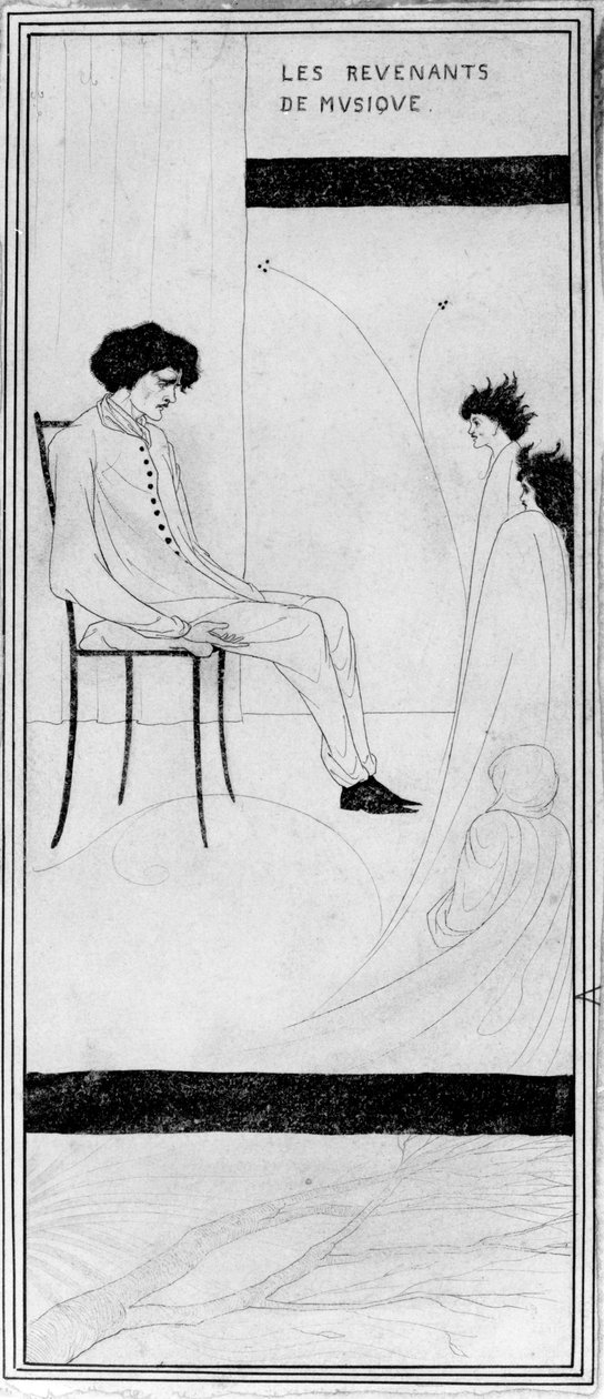 The Musical Revenant, n. 1892 (intialainen muste ja pesu) tekijältä Aubrey Beardsley