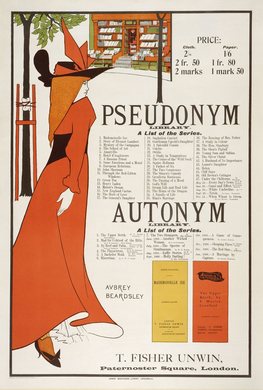 Pseudonym and Autonym Libraries -juliste, julkaisija T. Fisher Urwin, 1894 (katso myös 61992) tekijältä Aubrey Beardsley