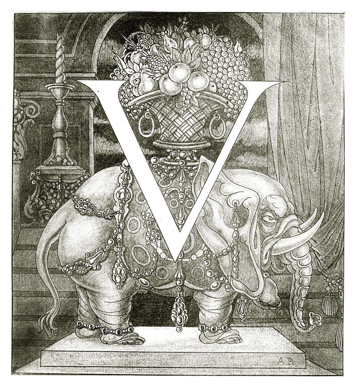 Alkukirjain "V" Volponelle, 1898 tekijältä Aubrey Beardsley