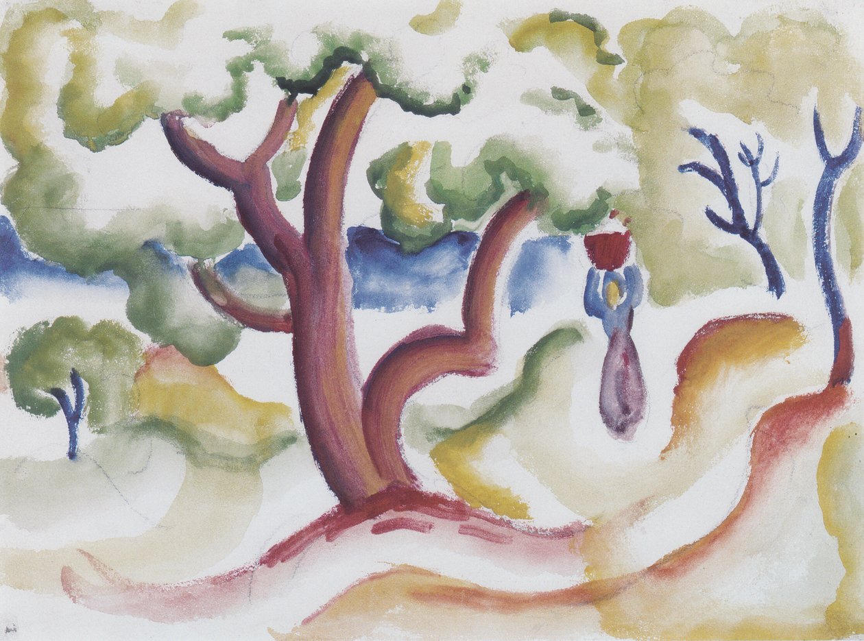 Frau mit Krug unter Baumenn tekijältä August Macke