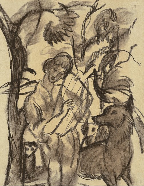 Frau mit Lyra und Hund tekijältä August Macke