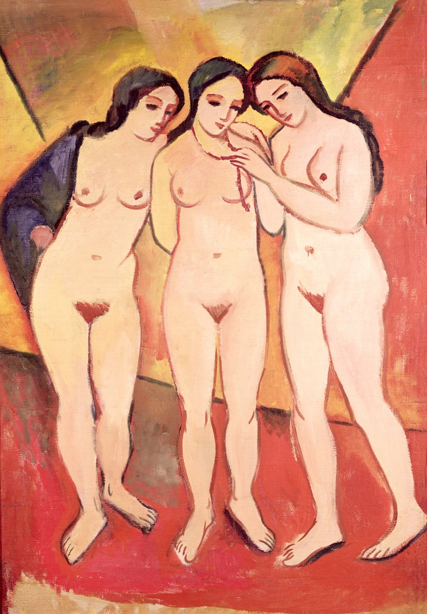 Kolme alaston tyttöä (punainen ja oranssi) tekijältä August Macke