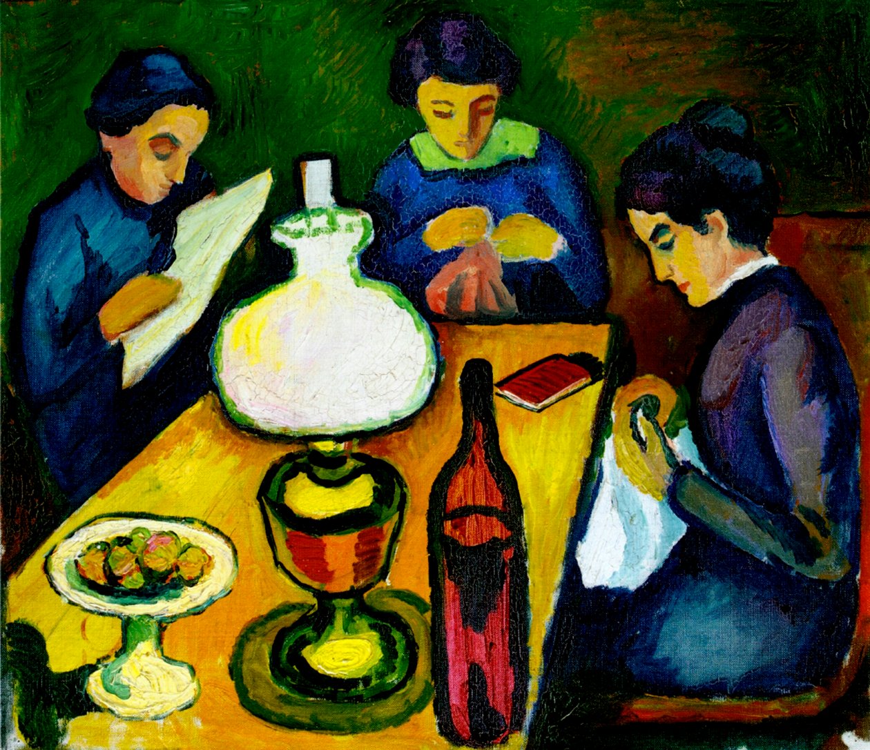 Kolme naista pöydässä lampun ääressä, 1912 tekijältä August Macke