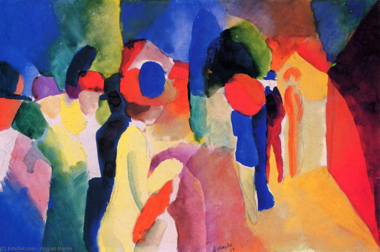 nainen keltaisella takilla tekijältä August Macke