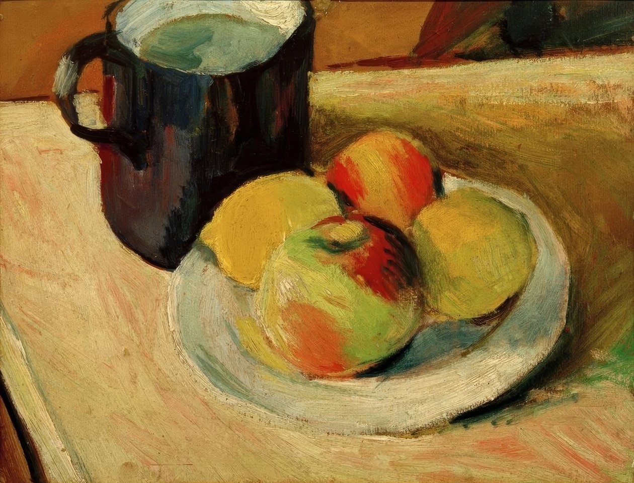 Milchkrug und Äpfel auf Teller tekijältä August Macke