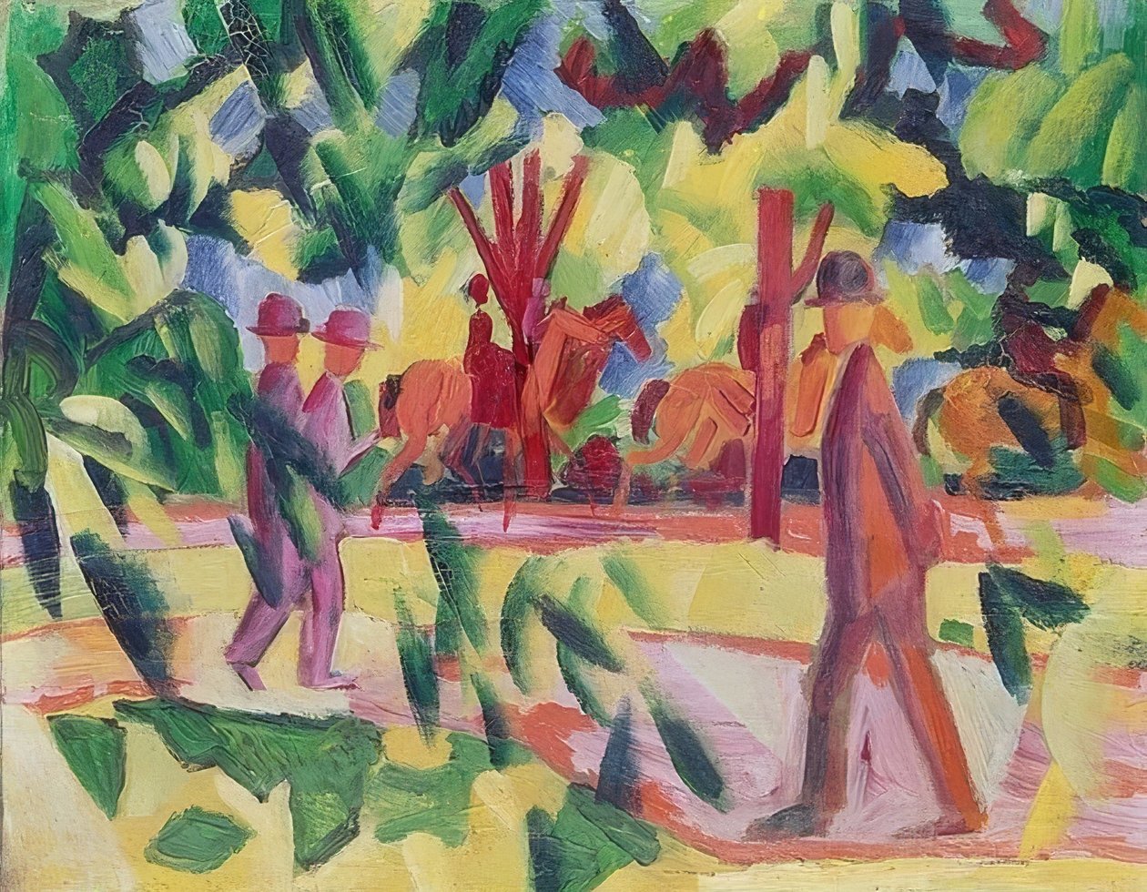 Ratsastajia ja kävelijöitä kadulla. 1914 tekijältä August Macke