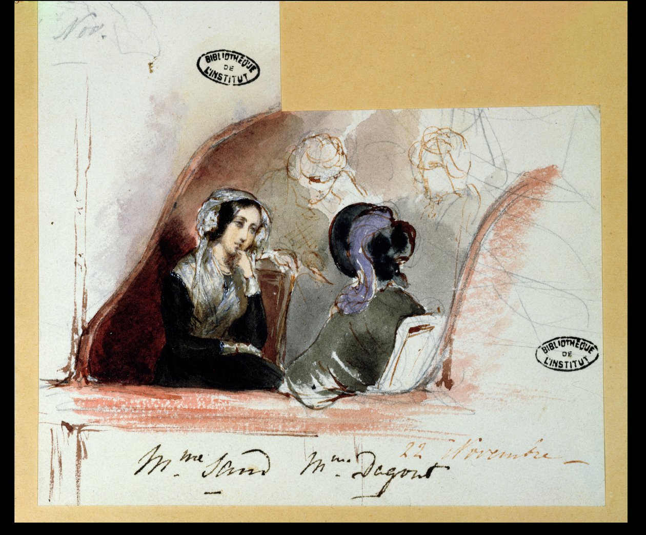 George Sand (1804-76) ja Marie de Flavigny (1805-76) Agoultin kreivitär Comedie Francaisessa, 1834 tekijältä Auguste Odier