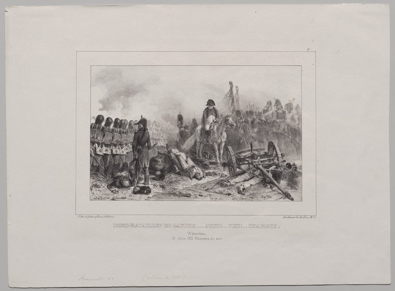 Litografinen albumi vuodelta 1837: Puolipataljoona vasemmalla...Tavoite!...Tuli!...Lataa tekijältä Auguste Raffet