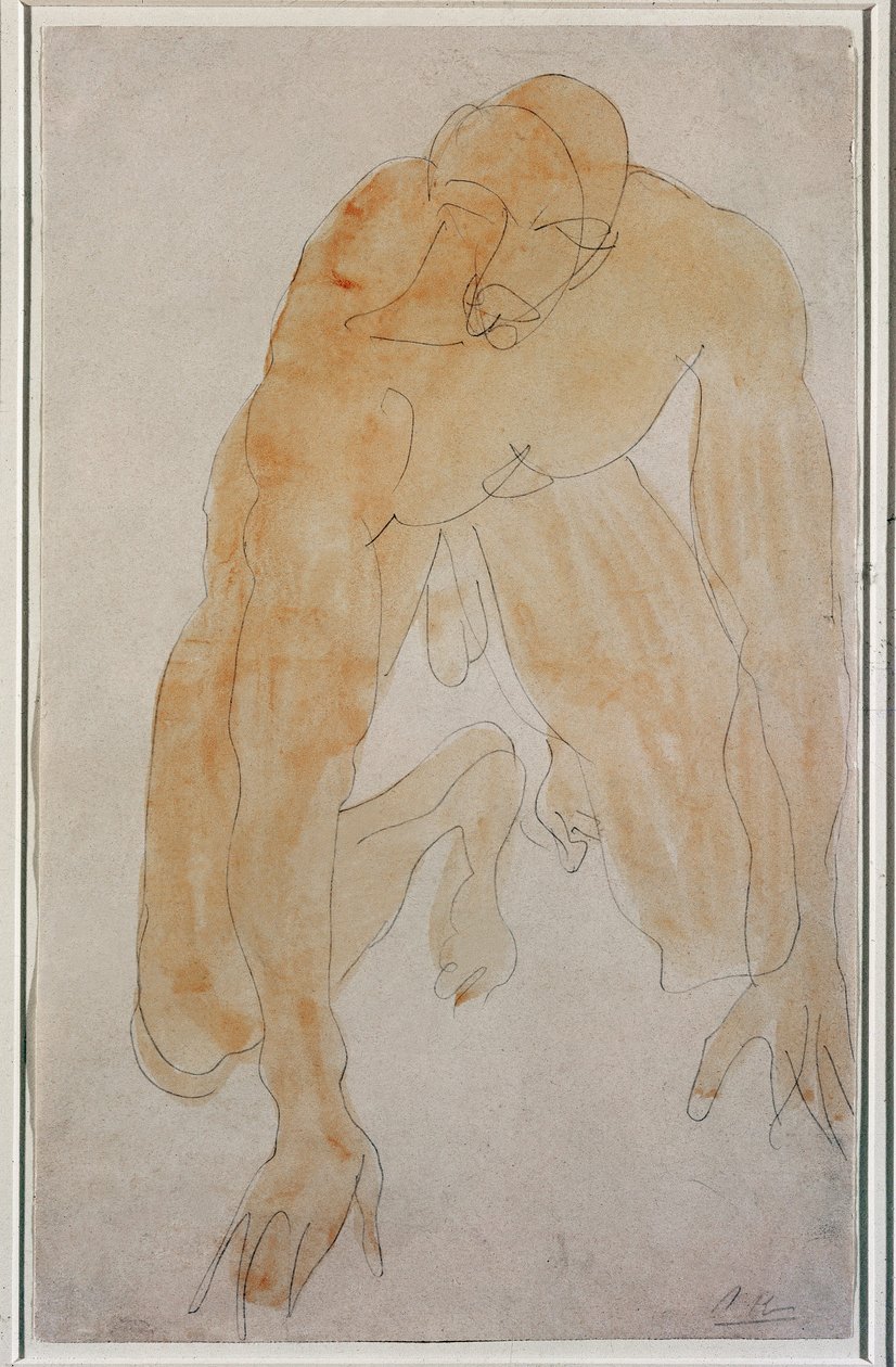 Polvistuva mies (akvarelli tekijältä Auguste Rodin