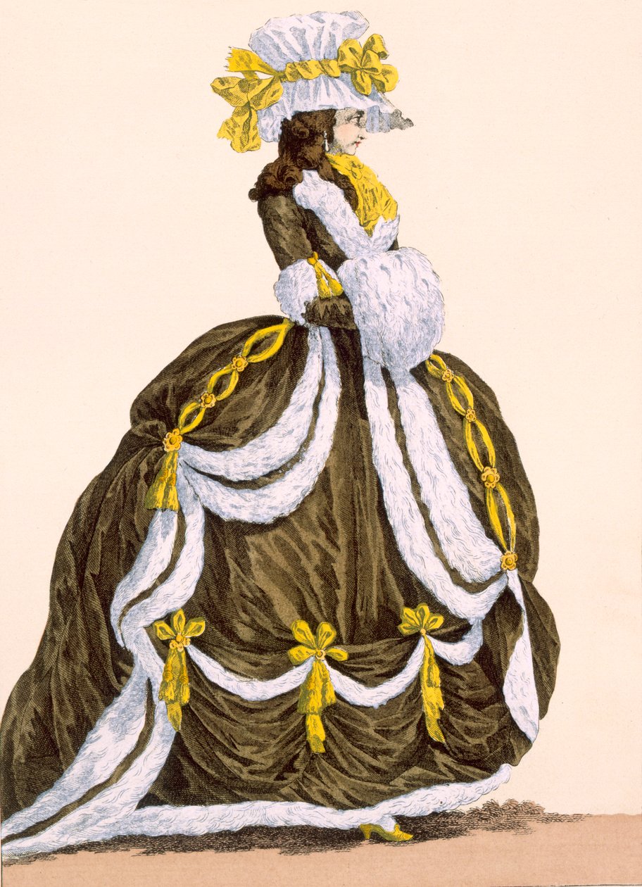 Karamellimekko esittelyyn hovissa, kaiverrus Dupin, levy nro 276 julkaisusta "Galeries des Modes et Costumes Francais", n. 1778-87 tekijältä Augustin de Saint Aubin