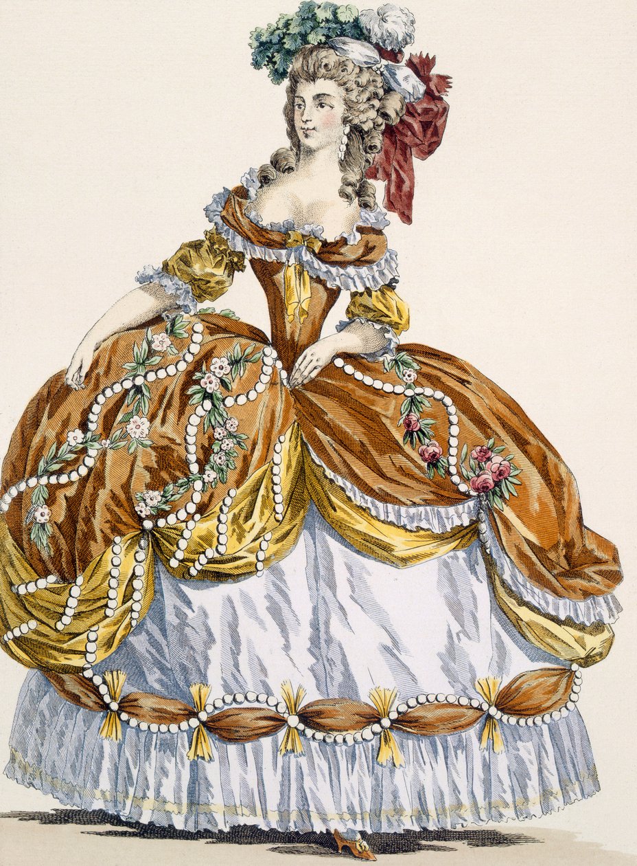 Uuden tyylinen upea hovimekko, kaiverrettu Dupin, levy 291 julkaisusta "Galeries des Modes et Costumes Francais", n. 1778-87 tekijältä Augustin de Saint Aubin