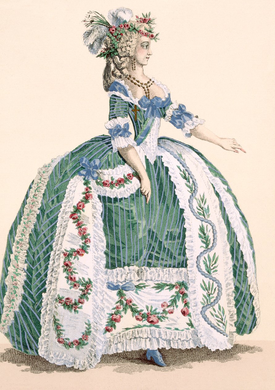 Hienostunut kuninkaallinen hovipuku, kaiverrettu Dupin, kilpi nro 272 julkaisusta "Galeries des Modes et Costumes Francais", n. 1778-87 99:vaatteet; perinteinen asu; perinteinen puku; muotia tekijältä Augustin de Saint Aubin