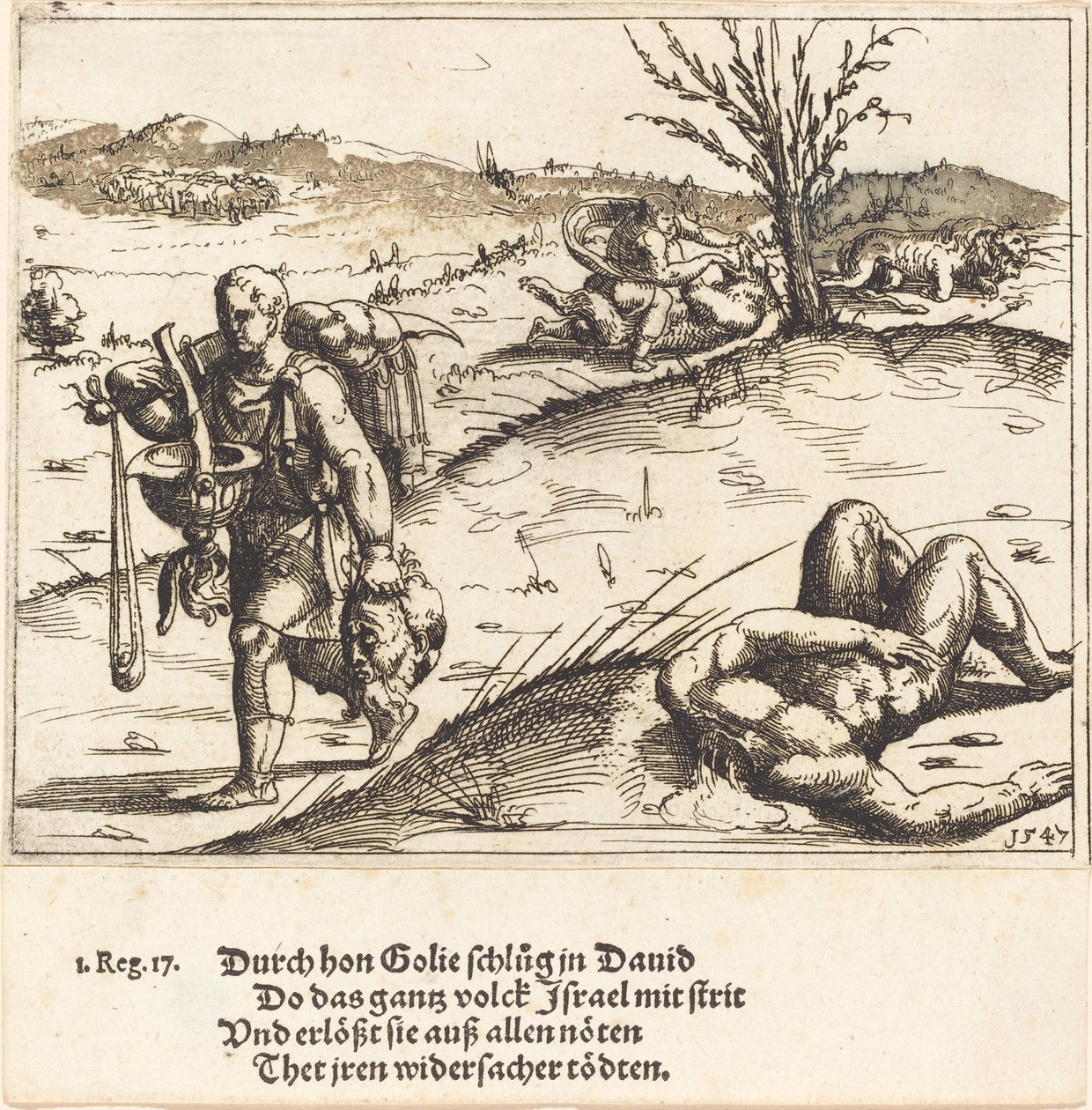 Daavid mestaa Goljatin, 1547. tekijältä Augustin Hirschvogel