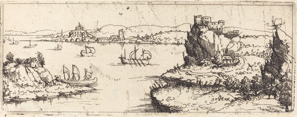 Maisema purjeveneillä [pohjalevy], 1546. tekijältä Augustin Hirschvogel