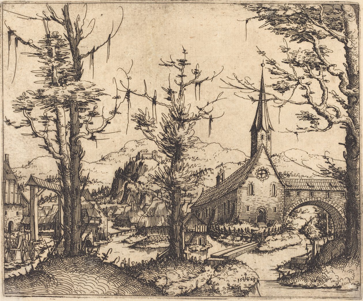 Maisema ja kyläkirkko, 1545. tekijältä Augustin Hirschvogel