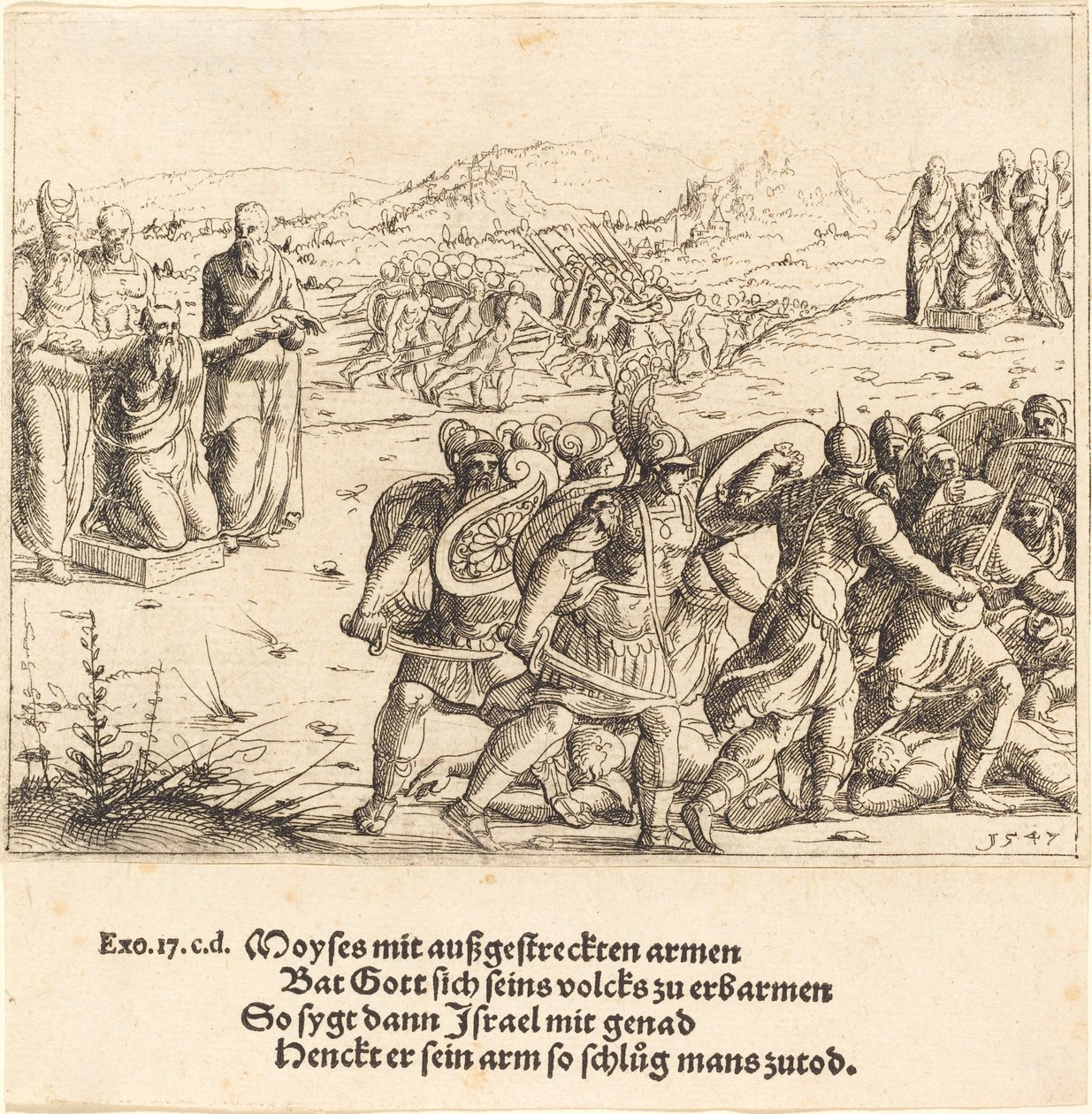 Mooses ojennetuin käsivarsin, 1547. tekijältä Augustin Hirschvogel