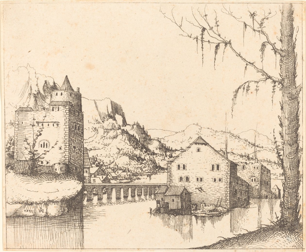 Jokimaisema saaritaloineen, 1545. tekijältä Augustin Hirschvogel