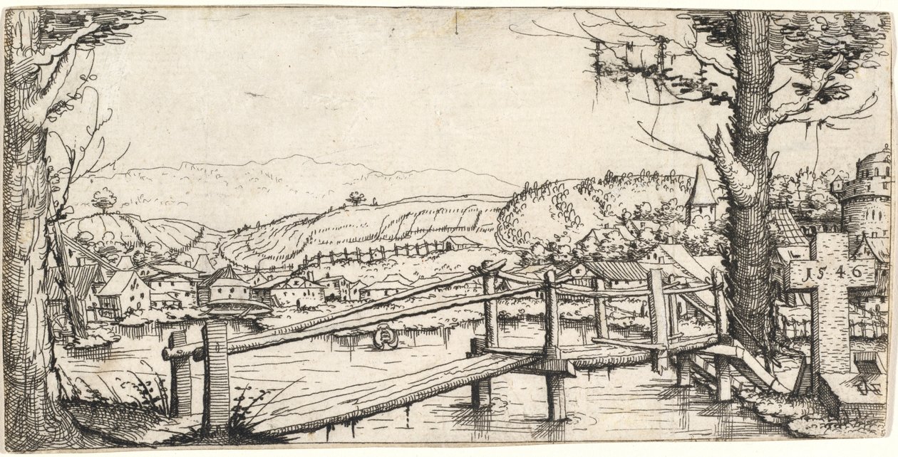 Jokimaisema kävelysillalla, 1546. tekijältä Augustin Hirschvogel