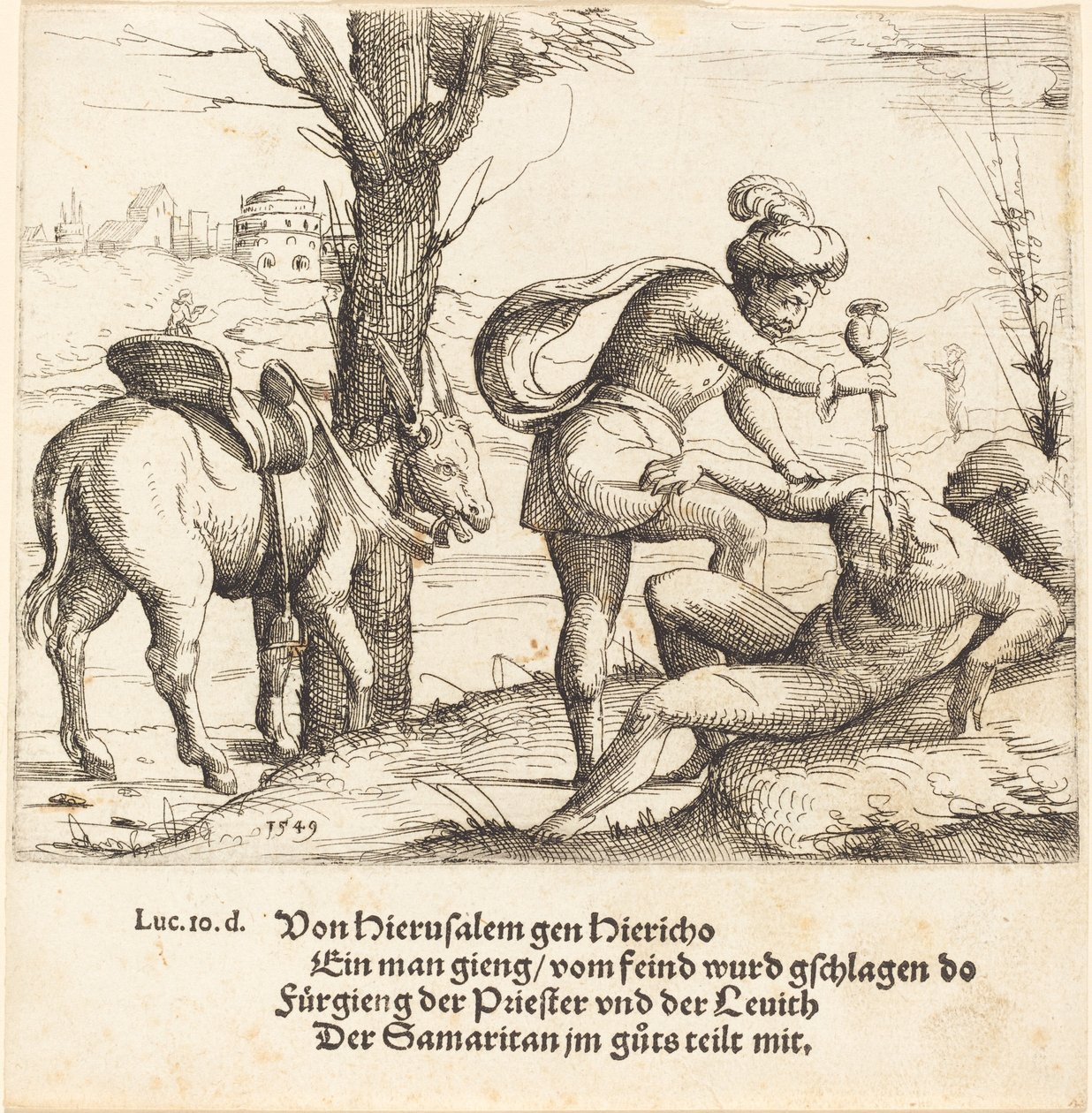 Vertaus laupias samarialainen, 1549. tekijältä Augustin Hirschvogel